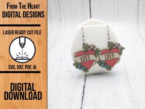 Heart with Love Banner Earring Laser Cut File