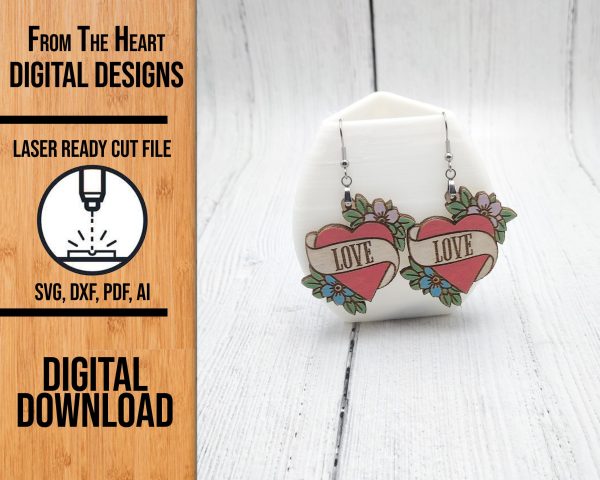 Heart with Love Banner Earring Laser Cut File