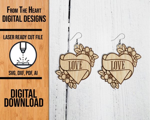 Heart with Love Banner Earring Laser Cut File