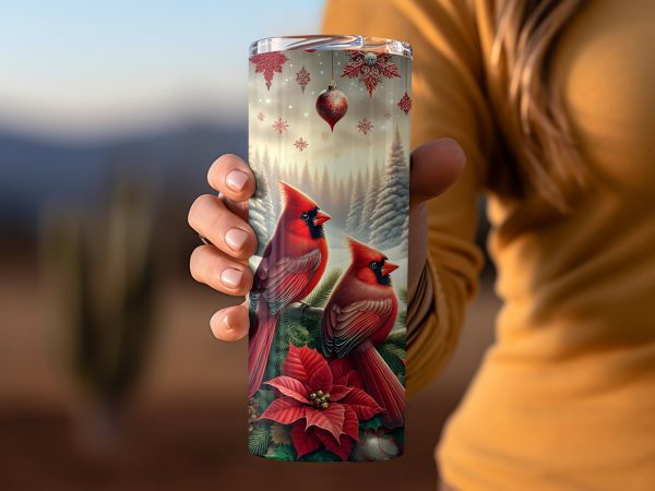 Festive Cardinals and Poinsettias Christmas 20oz Skinny Tumbler Sublimation Design PNG - Image 2