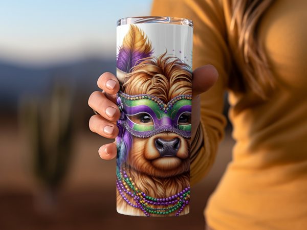 Festive Mardi Gras Cow with Mask Feathers 20oz Skinny Tumbler Sublimation Design - Image 2