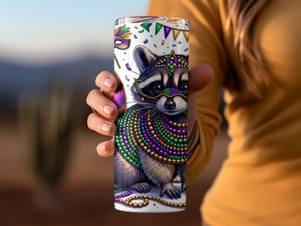 Festive Raccoon in Mardi Gras Costume 20oz Skinny Tumbler Sublimation Design - Image 2