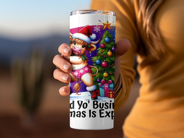 Funny Christmas Bull Mind Yo' Business 20oz Skinny Tumbler Sublimation Design - Image 2