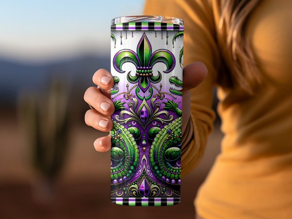 Mardi Gras Alligators Fleur de Lis 20oz Skinny Tumbler Sublimation Design - Image 2