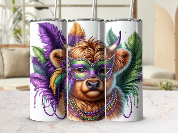 Festive Mardi Gras Cow with Mask Feathers 20oz Skinny Tumbler Sublimation Design