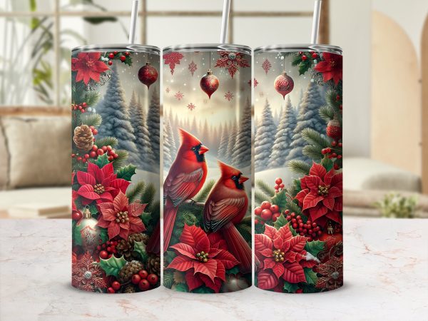 Festive Cardinals and Poinsettias Christmas 20oz Skinny Tumbler Sublimation Design PNG