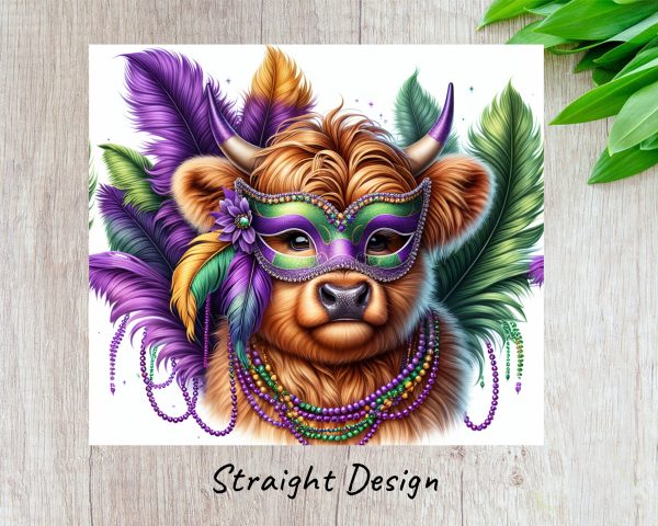 Festive Mardi Gras Cow with Mask Feathers 20oz Skinny Tumbler Sublimation Design - Image 3