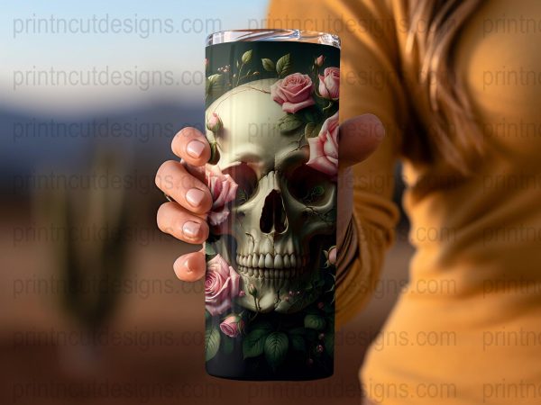 Skull and Pink Roses 20oz Skinny Sublimation Tumbler Wrap - Image 2