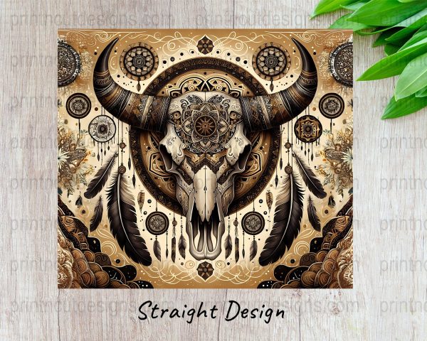 Boho Western Bull Skull Design 20oz Skinny Sublimation Tumbler Wrap - Image 3