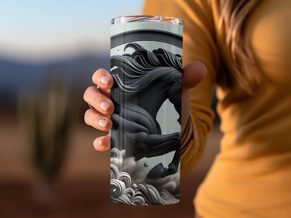 Majestic Black Horse and Waves Art 20oz Skinny Tumbler Wrap Sublimation PNG - Image 2