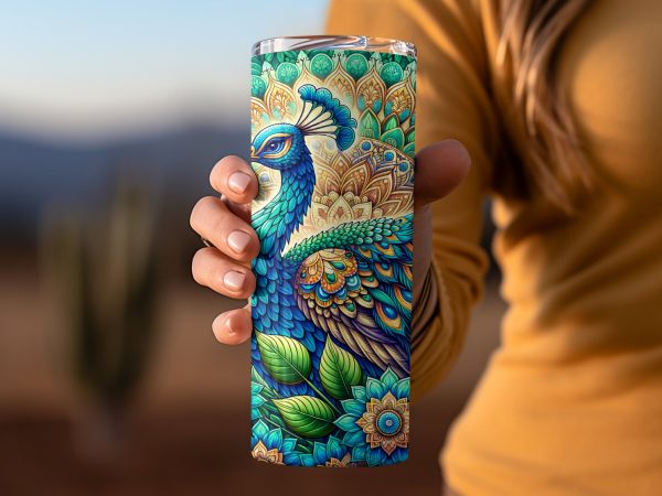 Vibrant Peacock Feathers Design 20oz Skinny Tumbler Sublimation Wrap PNG - Image 2