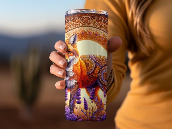 Beautiful Boho Fox Mandala 20oz Skinny Tumbler Sublimation Wrap PNG - Image 2