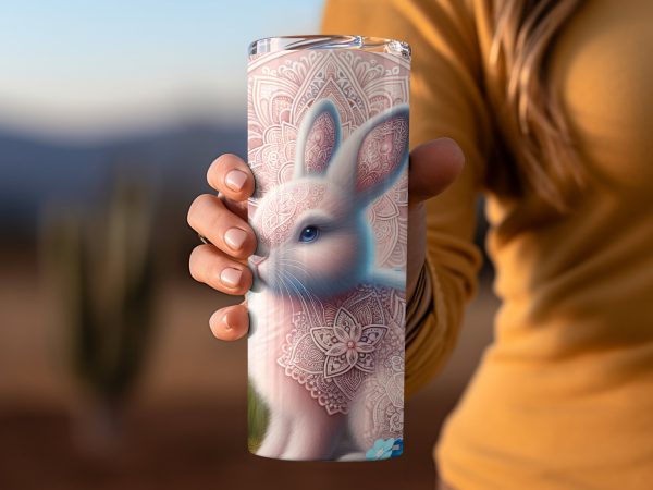 Intricate Mandala Bunny with Blooming Flowers 20oz Skinny Tumbler Sublimation Wrap PNG - Image 2