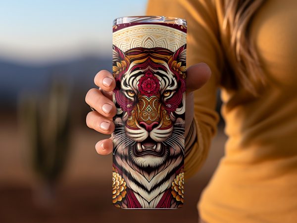 Majestic Tiger with Floral Design 20oz Skinny Tumbler Sublimation Wrap PNG - Image 2