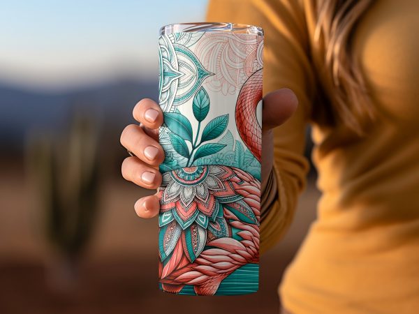 Vibrant Flamingo with Lotus Pond Patterns 20oz Skinny Tumbler Sublimation Wrap PNG - Image 2