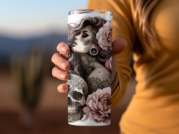 Floral and Skull Design with Tattoo Art 20oz Skinny Tumbler Sublimation Wrap PNG - Image 2