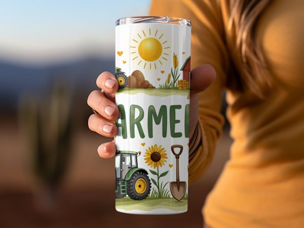 Farmer Tractor Barn Sunflower Design 20oz Skinny Sublimation Tumbler Wrap - Image 2