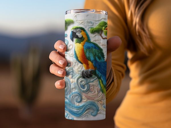 Colorful Parrot Art on 20oz Skinny Tumbler Sublimation Wrap - Image 2