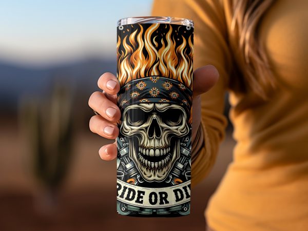 Skull Ride or Die 20oz Skinny Sublimation Tumbler Wrap - Image 2