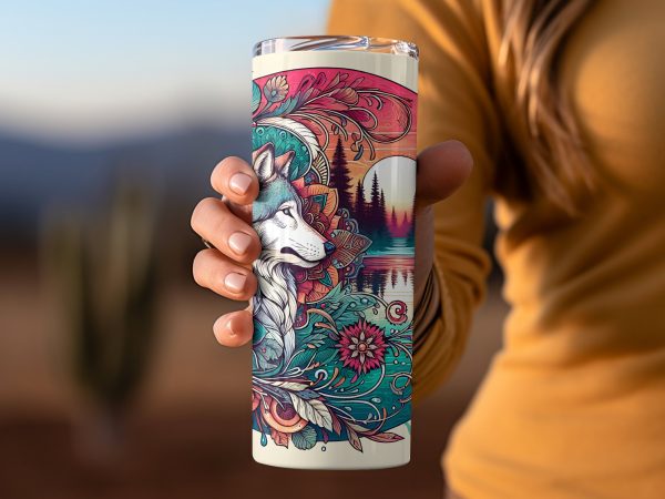 Vibrant Wolf and Nature Art 20oz Skinny Sublimation Tumbler Wrap - Image 2