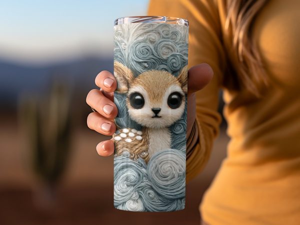 Cute Baby Deer Amidst White Swirl Design 20oz Skinny Tumbler Sublimation Wrap - Image 2