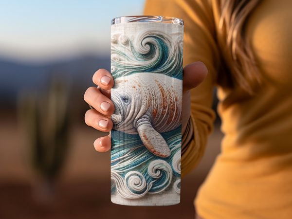 Manatee Swimming with Ocean Waves Design 20oz Skinny Tumbler Sublimation Wrap - Image 2