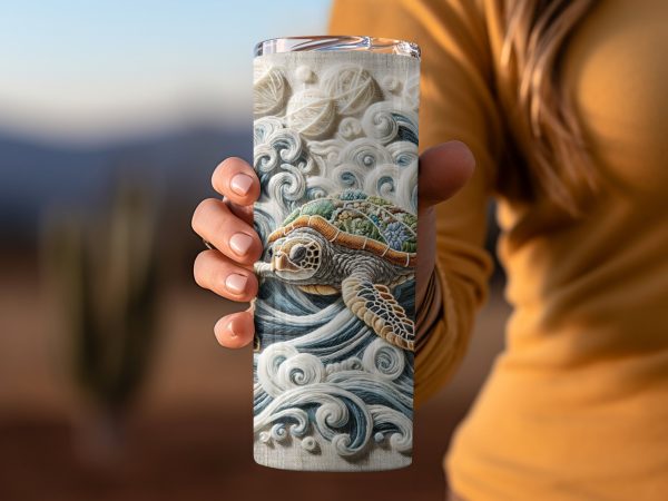 Intricate Sea Turtle Amidst Ocean Waves 20oz Skinny Tumbler Sublimation Wrap - Image 2