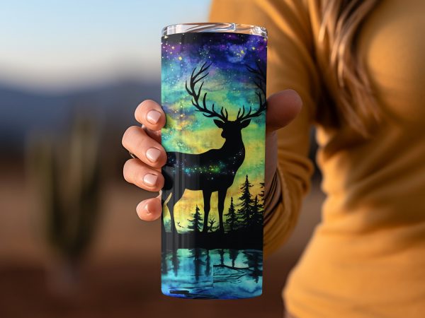 Galaxy Deer in Forest at Night 20oz Sublimation Tumbler Wrap - Image 2