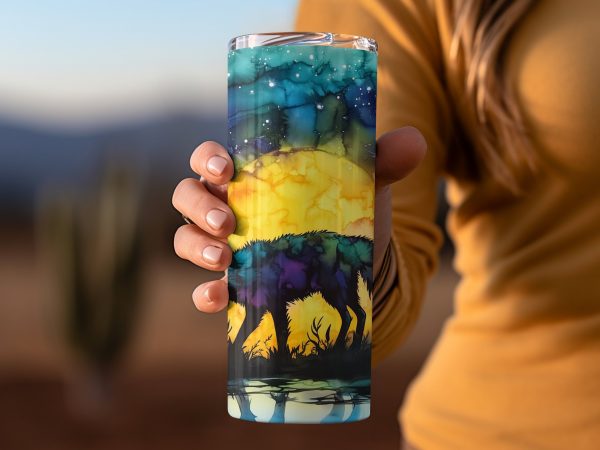 Celestial Wolf Silhouette in a Starry Night Forest 20oz Sublimation Tumbler Wrap - Image 2