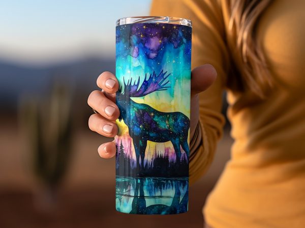 Majestic Moose Northern Lights Art 20oz Sublimation Tumbler Wrap - Image 2