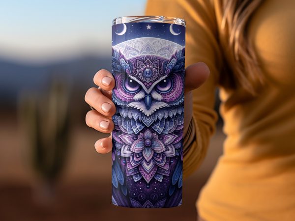 Intricate Mystical Owl and Dreamy Moon Phases 20oz Skinny Tumbler Sublimation Wrap PNG - Image 2