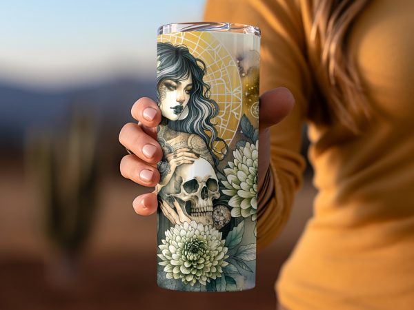 Mystical Woman with Flowers and Skull Design 20oz Skinny Tumbler Sublimation Wrap PNG - Image 2