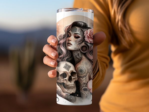 Beautiful Woman Roses Skull Design 20oz Skinny Tumbler Sublimation Wrap PNG - Image 2