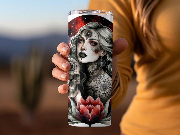 Gothic Woman Holding Skull with Red Tulips Design 20oz Skinny Tumbler Sublimation Wrap PNG - Image 2