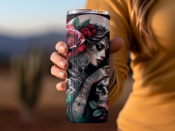 Mystical Tattooed Woman with Roses and Skull Art 20oz Skinny Tumbler Sublimation Wrap PNG - Image 2