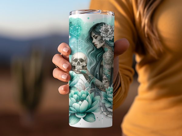 Mystic Floral Woman and Skull Design 20oz Skinny Tumbler Sublimation Wrap PNG - Image 2