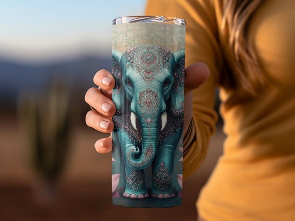 Beautiful Elephant Surrounded by Lotus Flowers 20oz Skinny Tumbler Sublimation Wrap PNG - Image 2