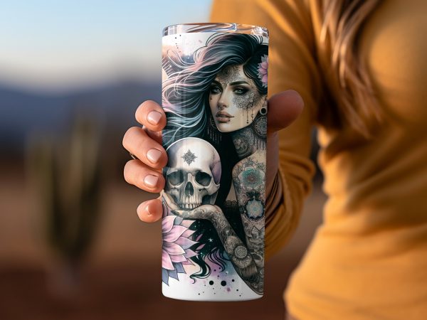 Mystical Tattooed Woman with Skulls Art 20oz Skinny Tumbler Sublimation Wrap PNG - Image 2