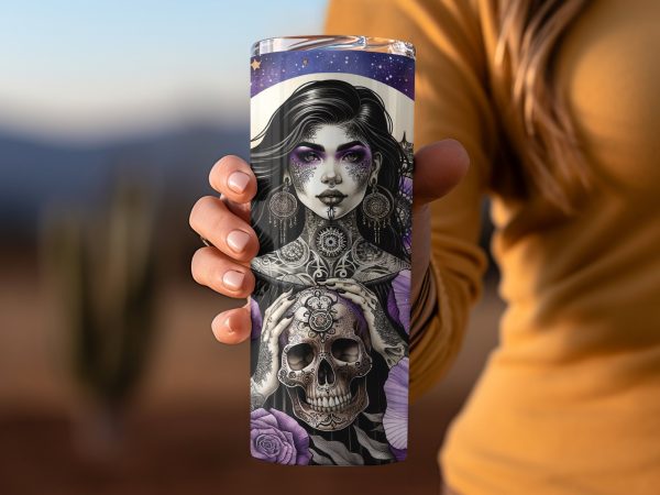 Gothic Woman and Skull with Purple Flowers 20oz Skinny Tumbler Sublimation Wrap PNG - Image 2