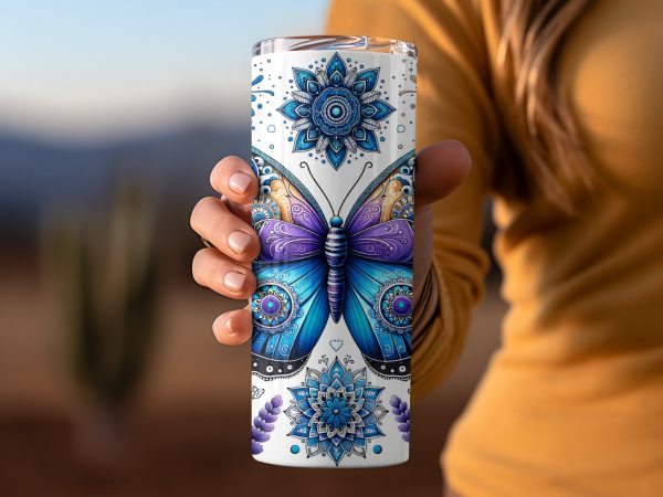 Intricate Butterfly and Floral Art 20oz Skinny Tumbler Sublimation Wrap PNG - Image 2