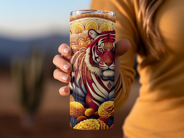 Majestic Tiger Surrounded by Flowers 20oz Skinny Tumbler Sublimation Wrap PNG - Image 2