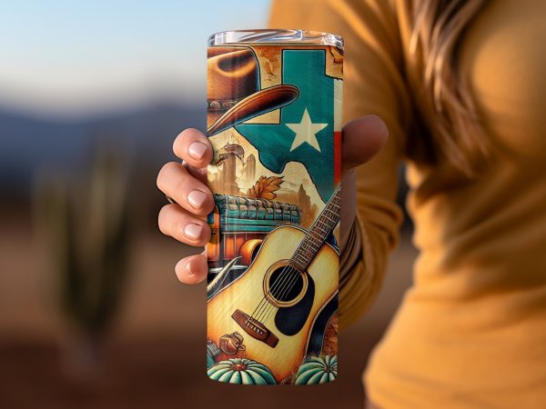 Vintage Texas Theme Guitar and Cowboy Hat 20oz Skinny Tumbler Wrap Sublimation PNG - Image 2