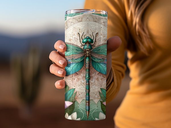 Dragonfly and Lotus Floral Design 20oz Skinny Tumbler Sublimation Wrap PNG - Image 2