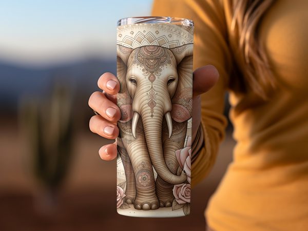 Elephant and Rose Floral Art for 20oz Skinny Tumbler Sublimation Wrap PNG - Image 2