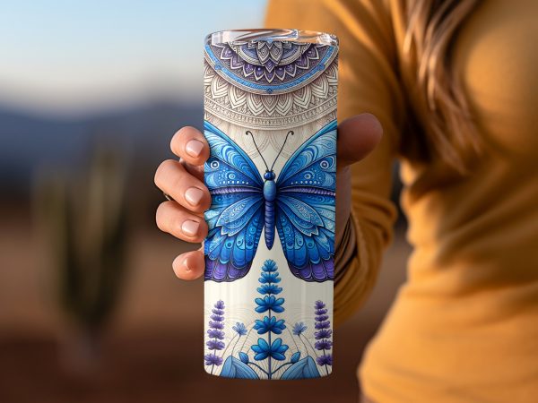 Blue Butterfly Among Blossoms Design 20oz Skinny Tumbler Sublimation Wrap PNG - Image 2