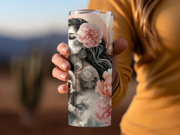 Floral Skull Tattoo Art 20oz Skinny Tumbler Sublimation Wrap PNG - Image 2