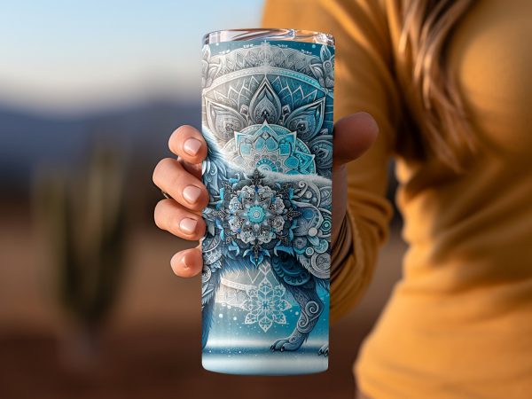 Intricate Snowflake Mandala Wolf Art 20oz Skinny Tumbler Sublimation Wrap PNG - Image 2