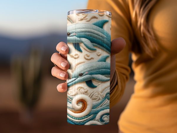 Playful Dolphins in Ocean Waves 20oz Skinny Tumbler Sublimation Wrap - Image 2