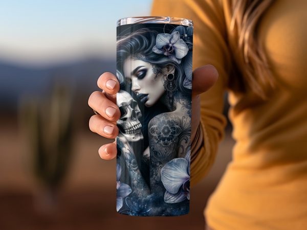 Dark Gothic Woman with Skull and Blue Orchids 20oz Skinny Tumbler Sublimation Wrap PNG - Image 2