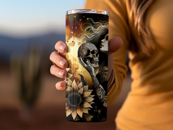 Gothic Sunflower Tattoo Art 20oz Skinny Tumbler Sublimation Wrap PNG - Image 2